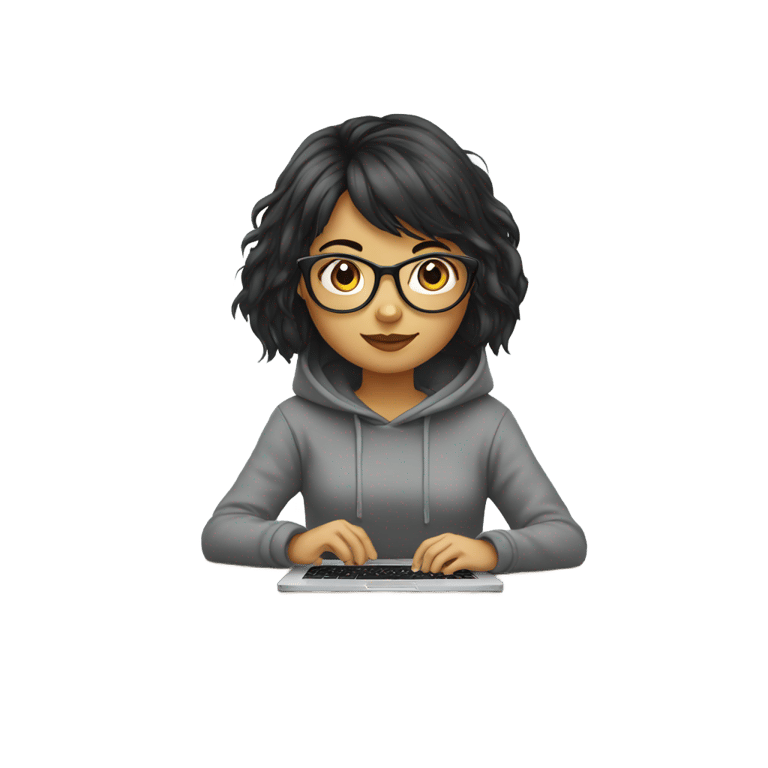 genmoji: girl sitting at desk with glasses and black hair on her laptop with gray hoodie and bangs