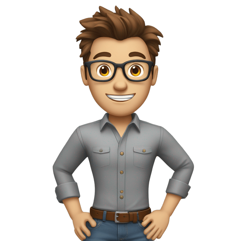 genmoji : Teacher wearing a grey shirt with jeans and a brown belt glasses and brown grayish hair in a whirlpool with hair like jimmy neutron