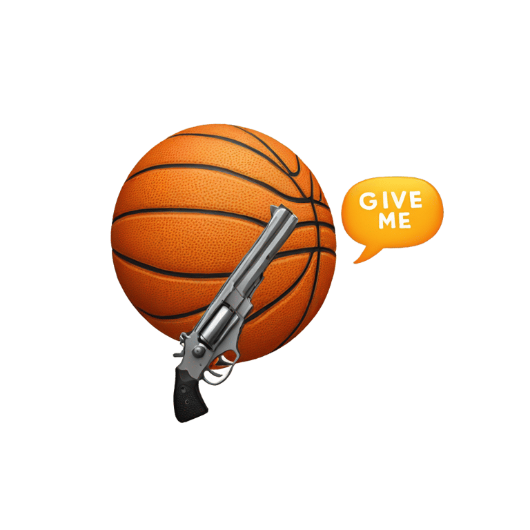 genmoji: Basketball holding a gun with a text bubble that says give me your wallet