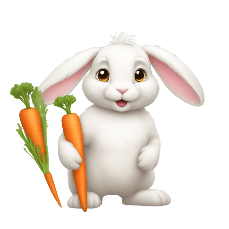 genmoji: Fluffy white bunny, big ears, round cheeks, tiny nose, bright eyes holding carrot,