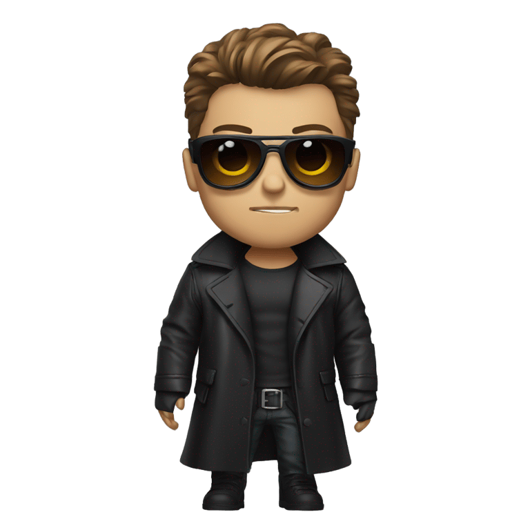 genmoji: Serious guy that looks like terminator with dark tinted shades on with a leather trench coat on