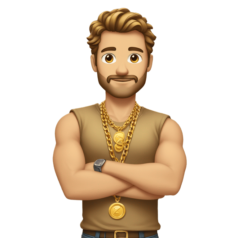 genmoji: strong white man, brown hair, arms crossed, gold shirt, multiple gold chains, stubble with no mustache