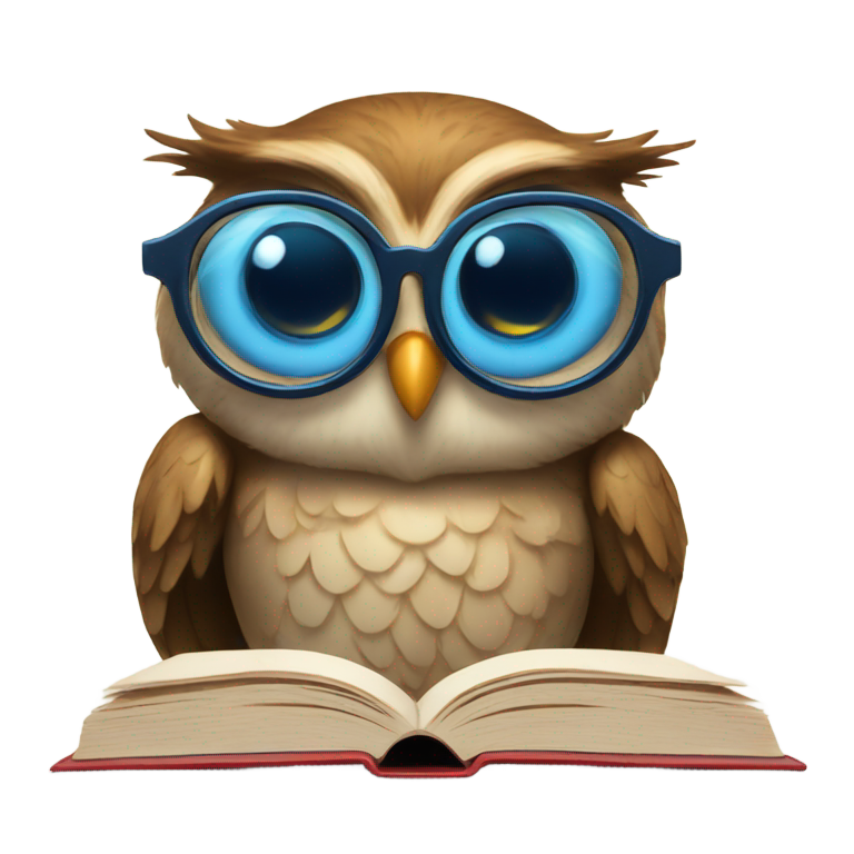 genmoji: Owl with blue cat eye glasses looking up from behind a book