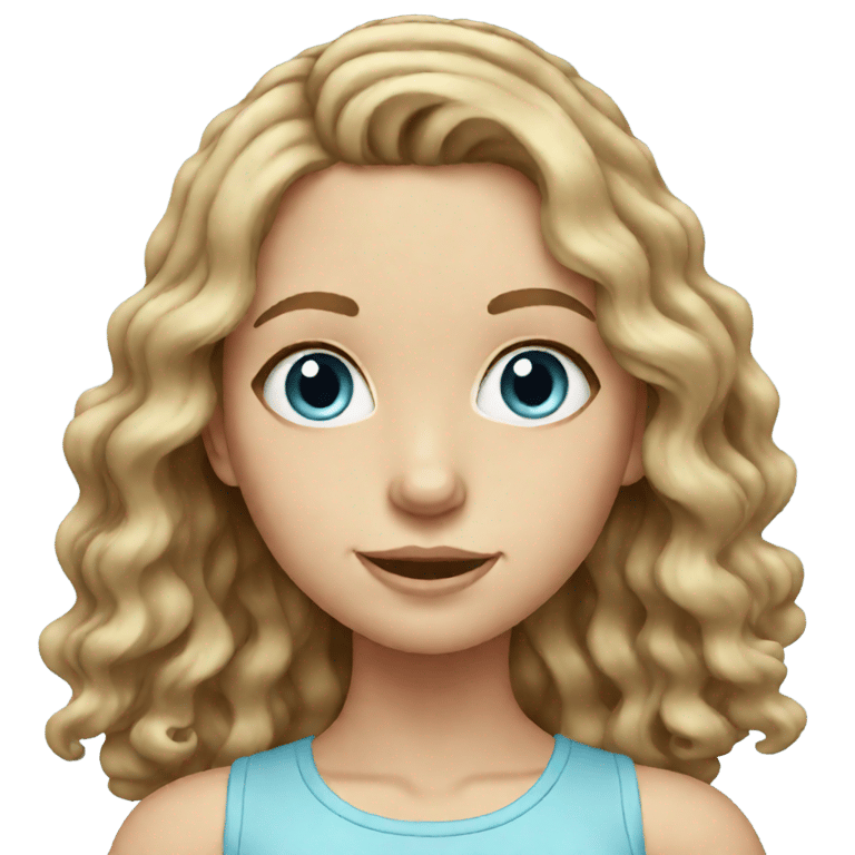 genmoji: white girl with mid length dark blonde wavy hair with light blue eyes