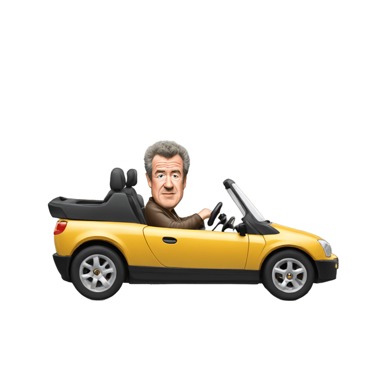 genmoji : Jeremy Clarkson driving the smallest car in the world