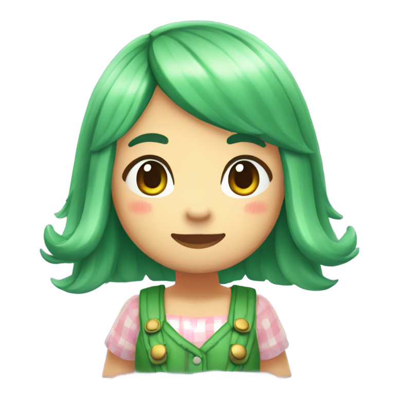 genmoji: Une fille kawaii avec des cheveux verts style animal crossing qui saute de joie