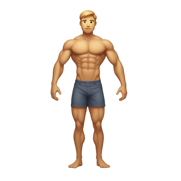 genmoji: emoji design, A full body emoji,muscular, handsome man with his arms folded, nude except for a large, glowing aura emanating from his lower body, partially concealing his lower half between his legs, set against a simple background, suitable for a UI icon.