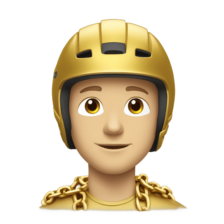 genmoji: strong Caucasian male in a bike helmet, a gold shirt, multiple gold chains, gold wrist bands, arms crossed