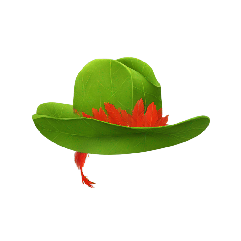genmoji: hat made of leaves with a red feather in the side