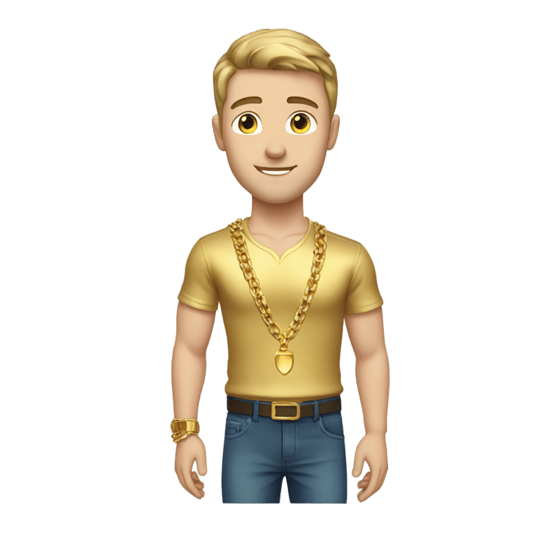 絵文字：Caucasian male with a gold shirt, gold chains and wrist bands