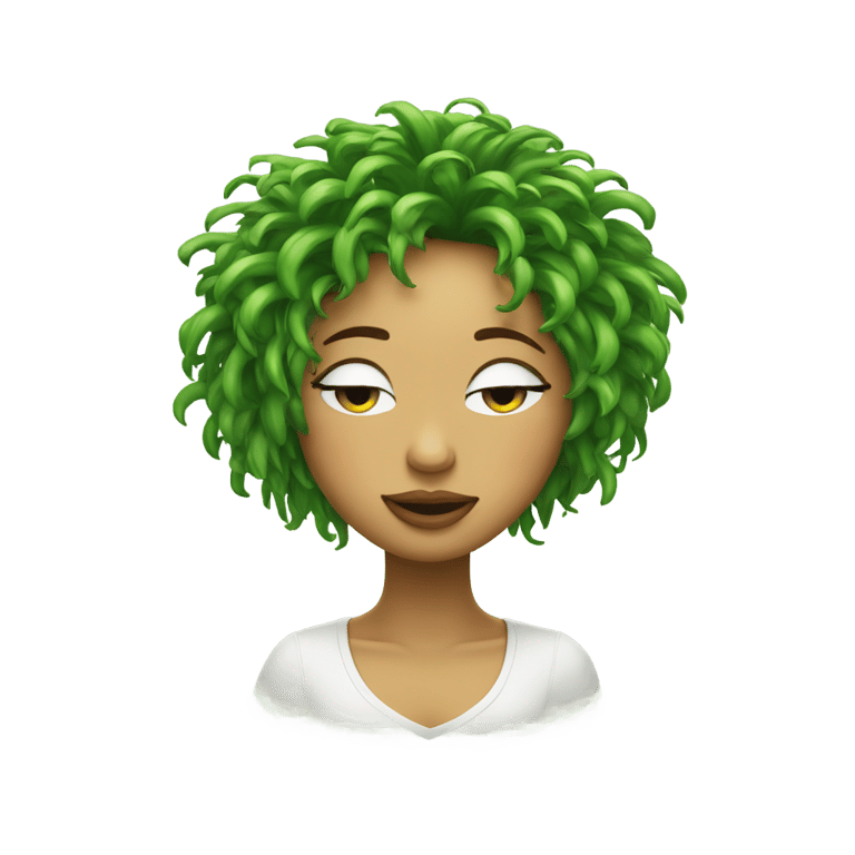 絵文字：A green emoji with her eyes closed and chill. She has vines as a wig.