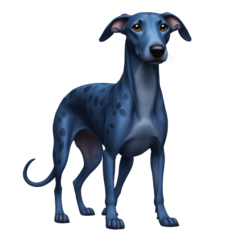 genmoji : an all dark blue whippet with a dinosaur like spot on their chest and ears almost too big for their face