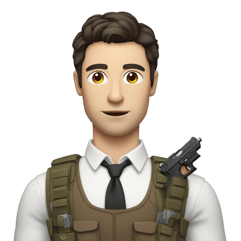 genmoji: Tall British gay man with flat dark brown hair, and holding gun