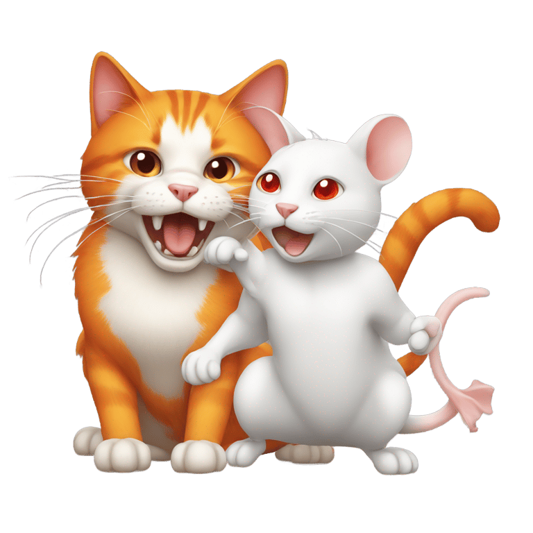 genmoji: Orange cat and white rat with red eyes fighting