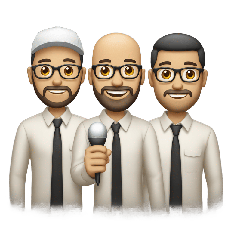 genmoji: Three men light skin tone with a birthday cake. The first man is bald,wears glasses,headphone and radio microphone. The second is a man with a beard, black hair and wearing glasses. And the third is a bald man wearing a cap.