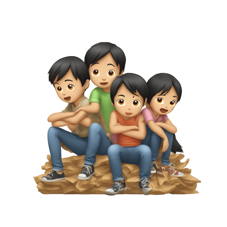 genmoji: three shrugging confused asian kids sitting on a pile of chihuahuas