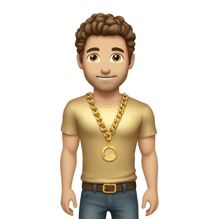 genmoji: brown haired strong Caucasian male with no beard, a gold shirt, gold chains and gold wrist bands