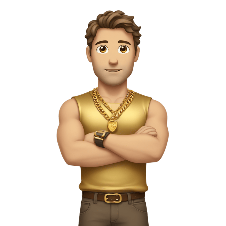 genmoji: brown hair strong Caucasian male, a gold shirt, multiple gold chains, gold wrist bands, arms crossed