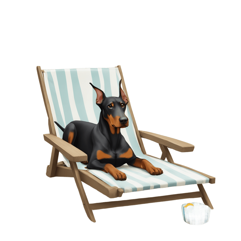 genmoji: Doberman chilling on the beach in a chair