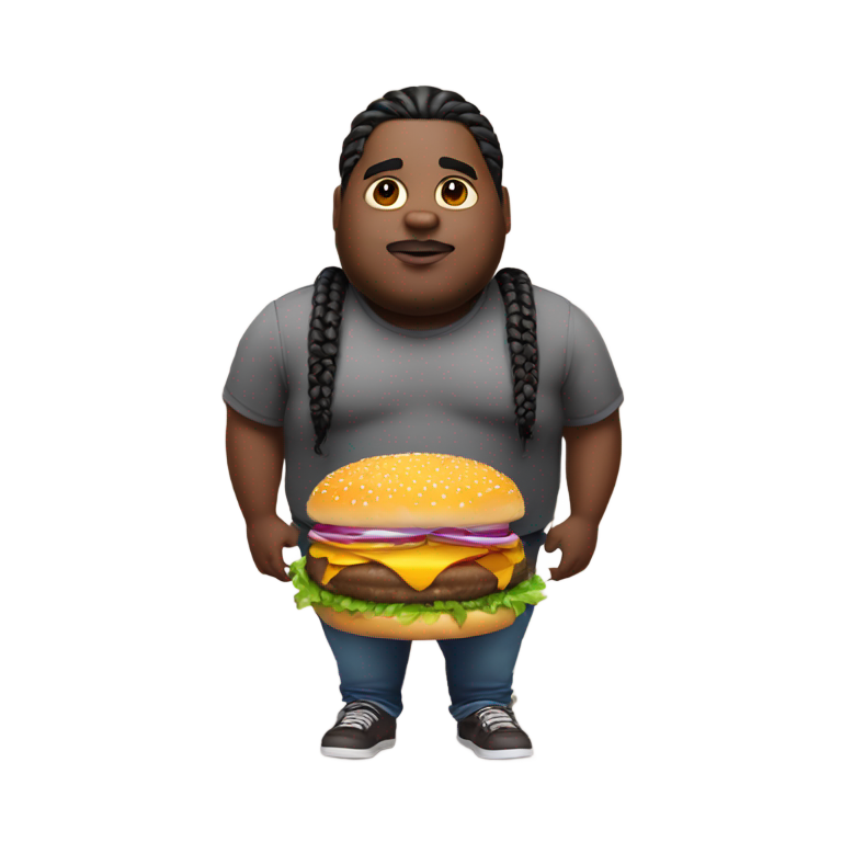 genmoji: fat black guy thick eyebrows hair in cornrow braids big lips eating burger