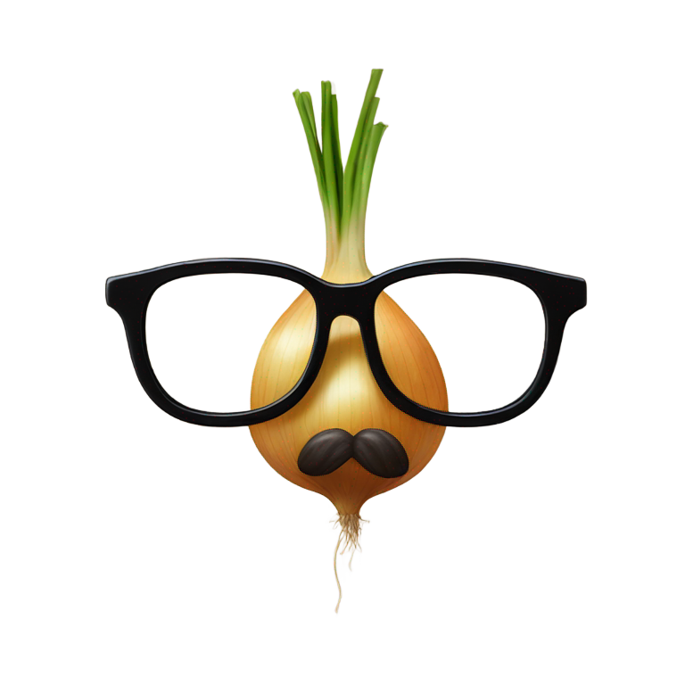 genmoji: лук с усами, очками и носом и из под усов течёт слюна