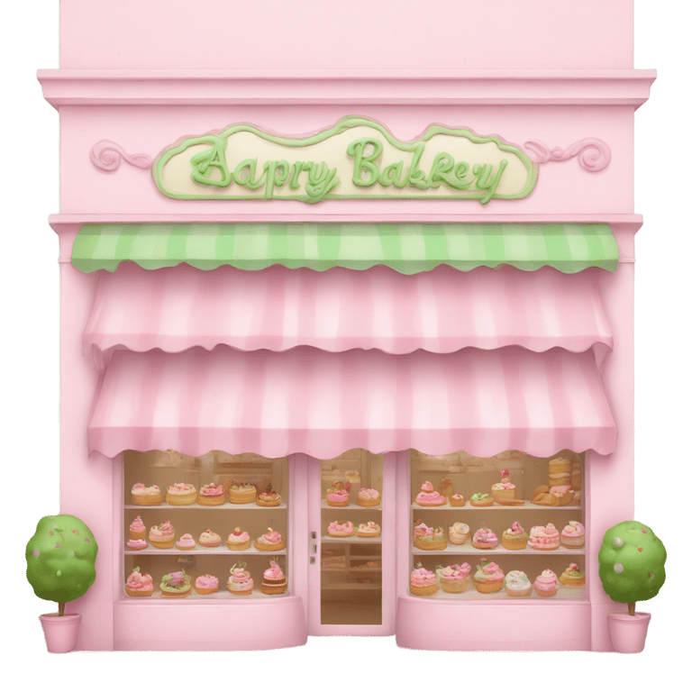 genmoji: A bakery with pastel pink and green colors and several cakes decorating the façade.