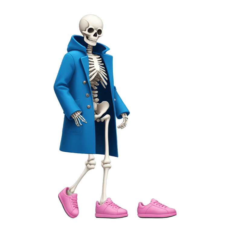 絵文字：a skeleton wearing pink slippers and black shorts and a blue coat