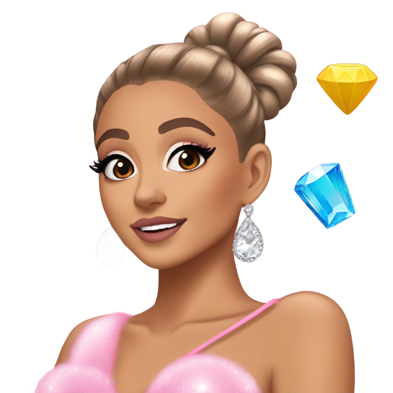 絵文字：Ariana Grande 7 Rings style emoji, pink glam, sparkly diamond accessories, high ponytail, luxurious princess vibes
