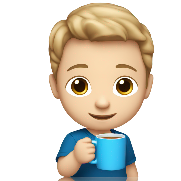 genmoji: A Caucasian male toddler with bright blue eyes holding a mug. he has light brown whispy straight hair that is long at the back.