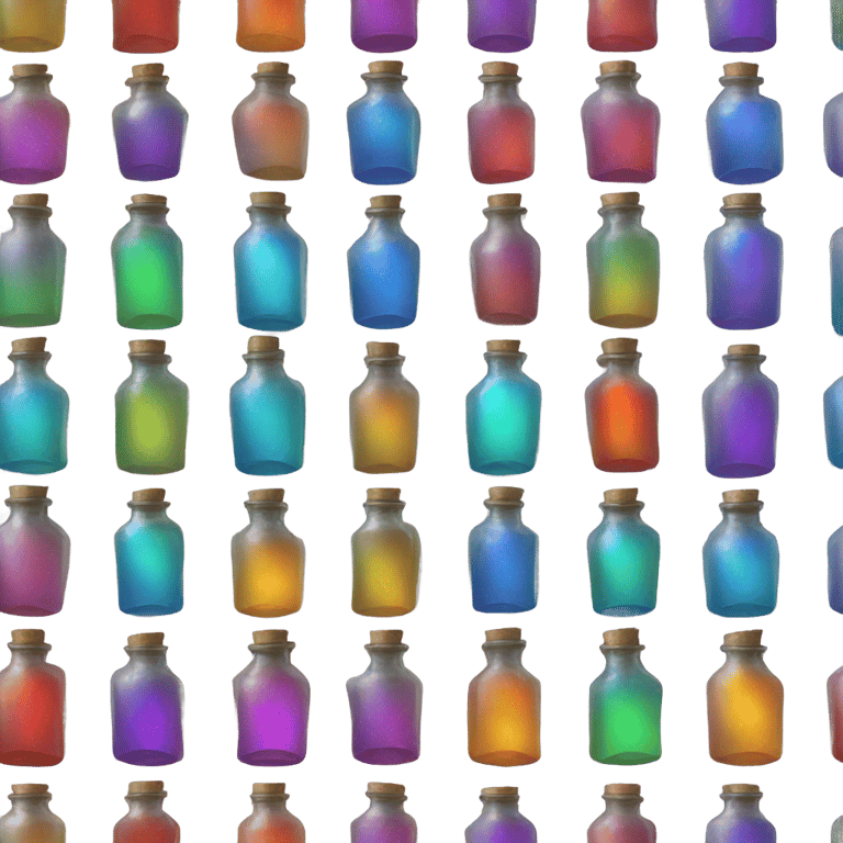 genmoji: Potion bottles in a row in metallic colors forming a rainbow