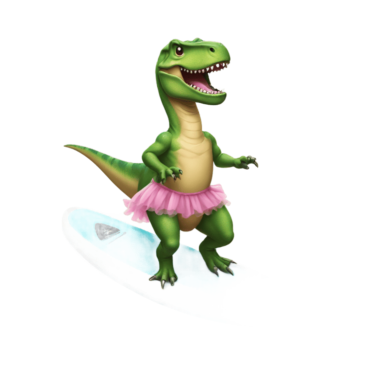 genmoji: t-rex wearing a tutu on a surfboard