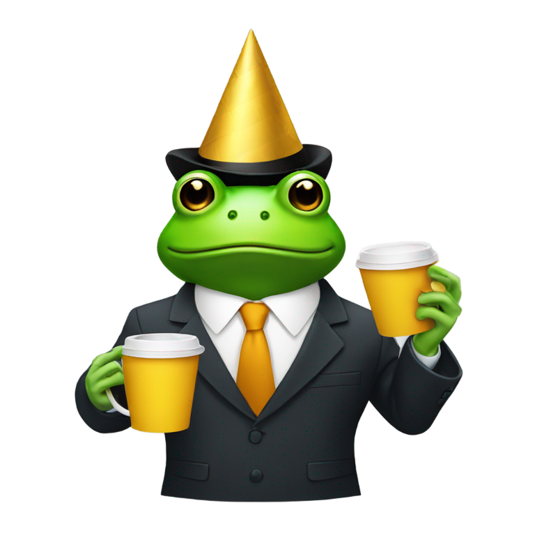 genmoji : Grenouille en costume d'affaires portant un chapeau de fête et tenant un café