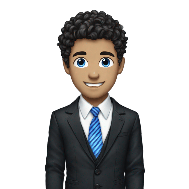 genmoji: british white dark haired teen guy, white button up shirt, black blazer, blue striped tie, straight hair, fluffy curls, side part, smile, blue eyes, thin