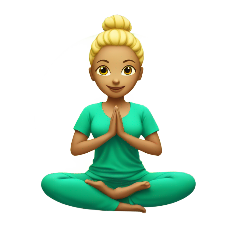 genmoji: A yogini with a green yoga onesie, yellow hair in a bun and tanned skin, in lotus position, generating blue energy ball with hands above head.