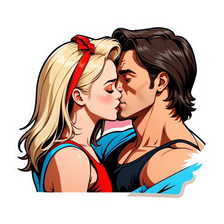 genmoji: Dark hair man with a short mullet kissing girl with blonde hair chest