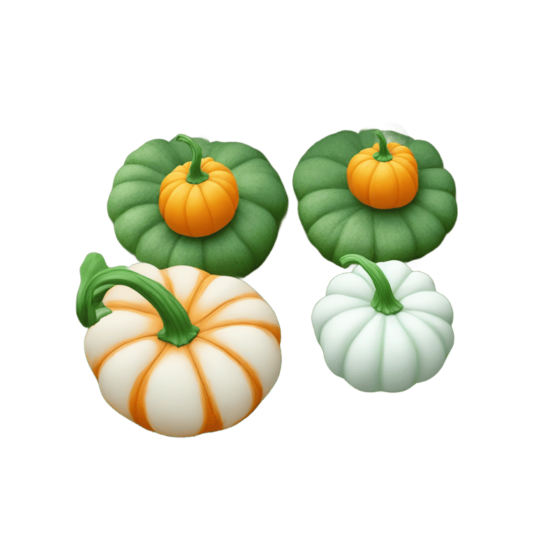 genmoji: An orange pumpkin, a white pumpkin and a green pumpkin. Planted in the garden.