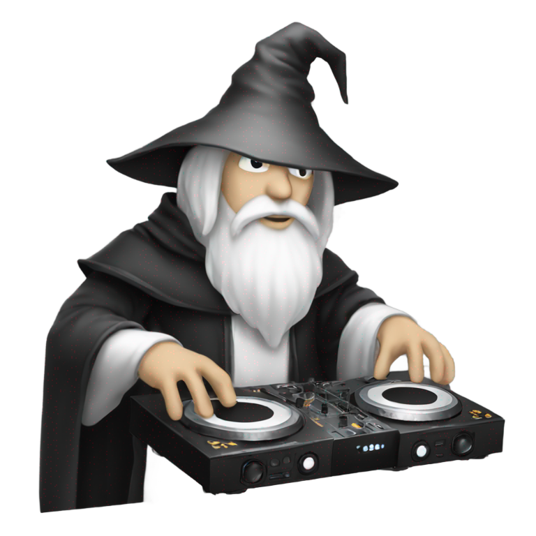prompt: white wizard with black custome playing dj on the deck