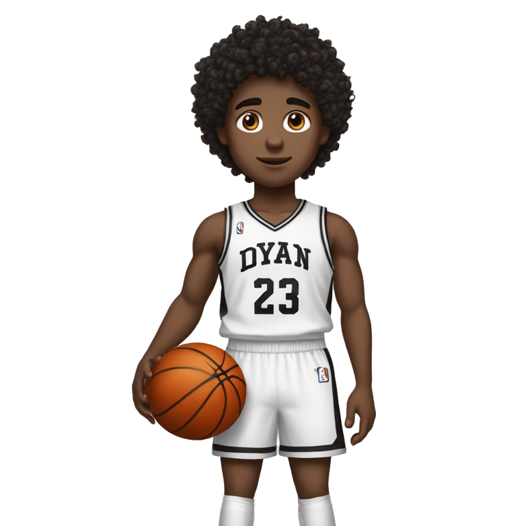 genmoji: White term boy with dark black, curly messy hair in a basketball jerdey