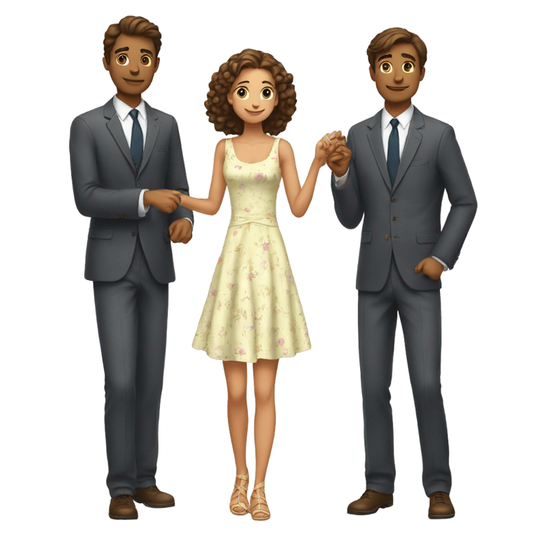 絵文字：A man and a woman waltz, a man in a suit and a woman in a sundress, they are teenagers in 11th grade