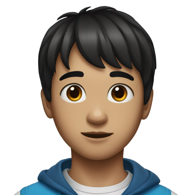 genmoji: A young boy boy with black hair and blue eyes chest image, bangs on the sides