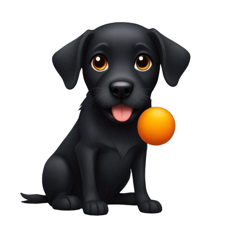 genmoji : Chien noir mâchant une balle orange