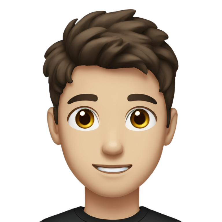 genmoji: Handsome teen boy with blue eyes, wearing black shirt, dark brown hair parted in the middle
