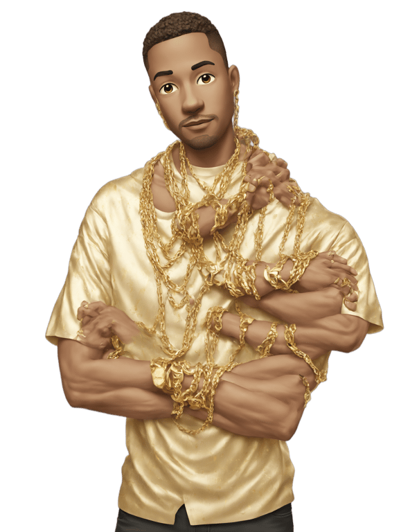 絵文字：white skin male with gold shirt, gold chains, gold wrist bands