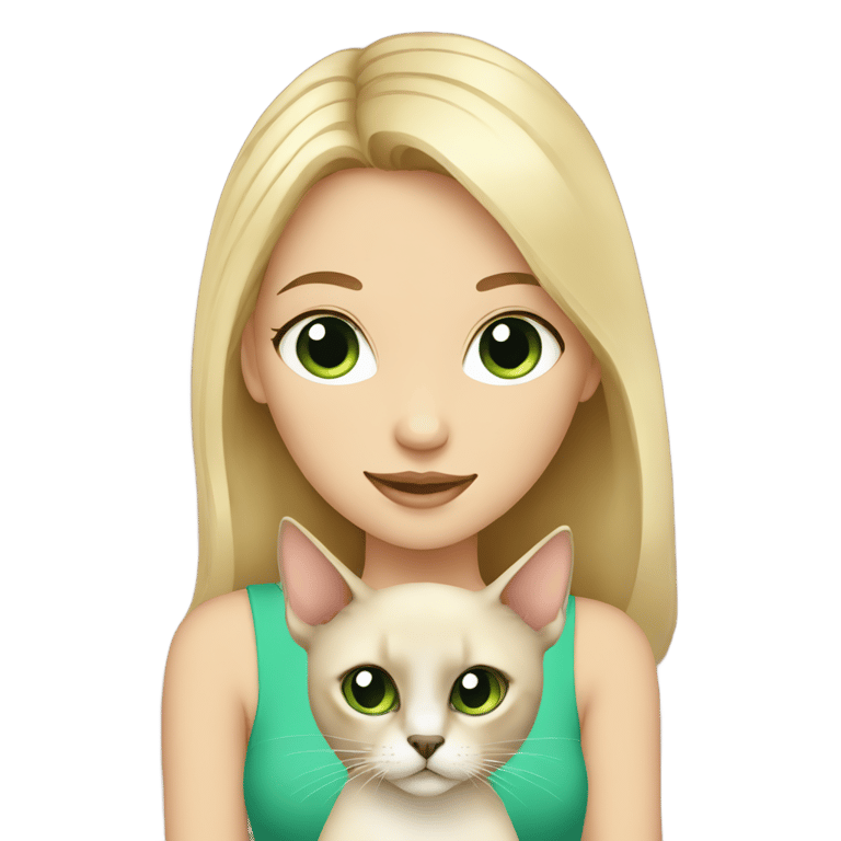 genmoji: blonde girl with green eyes holding a siamese cat