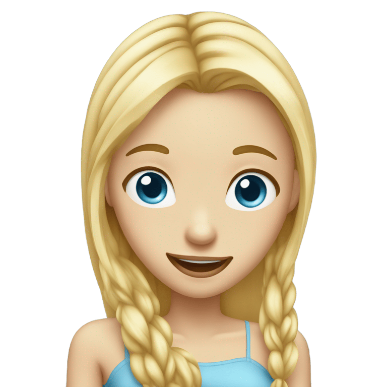 genmoji: blonde girl with long hair blue eyes and long face with tongue out winking and sweating