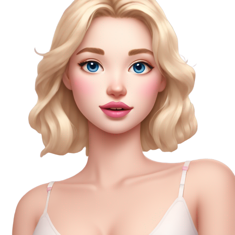 genmoji: Aesthetic blonde girl with blue eyes and fair skin, wearing a white strappy top, applying pink lip gloss. Soft lighting, dreamy vibe, framed to mid-chest.