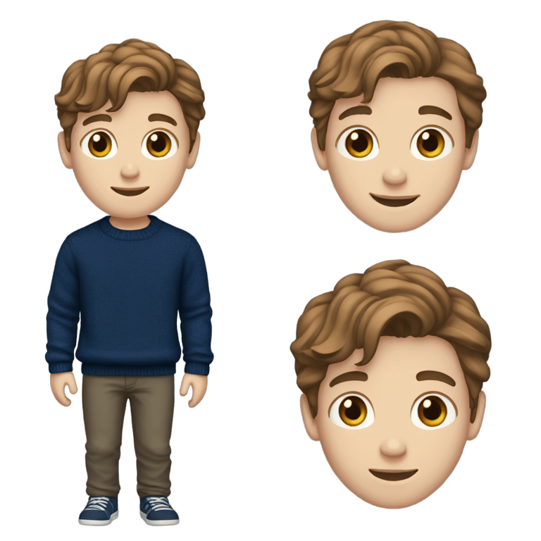 genmoji: A 15-year-old white boy with brown hair. Middle part cut longer. Color dark blue sweater