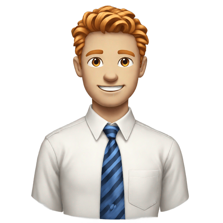 genmoji: british ginger teen guy, white button up shirt, blue striped tie, straight hair, side part, smile, hazel eyes, buff