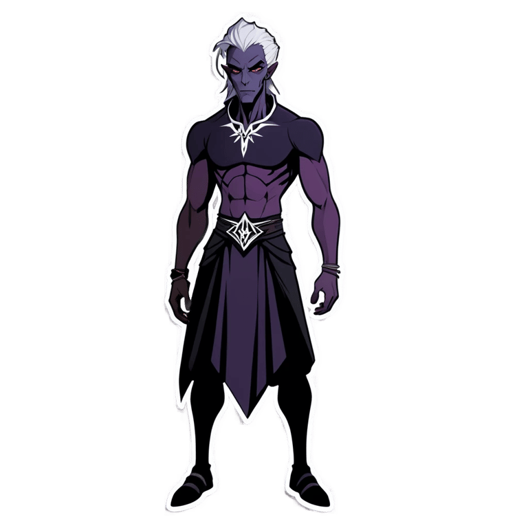 genmoji: effeminate male drow wearing skirt and crop top. purple skin.