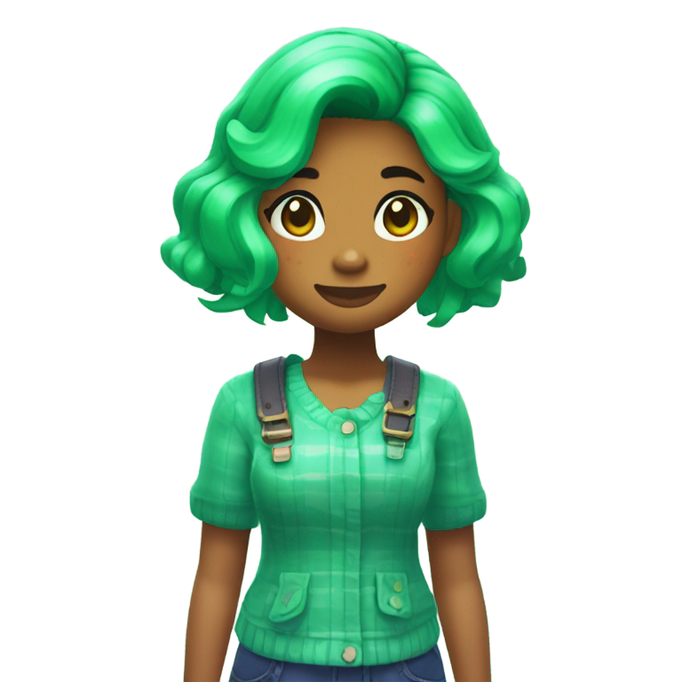 genmoji: Une fille kawaii aux cheveux verts style Animal Crossing qui rit